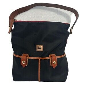 Dooney & Bourke Hobo Purse Black Nylon Cognac Leather Detail Pockets Logo Zipper